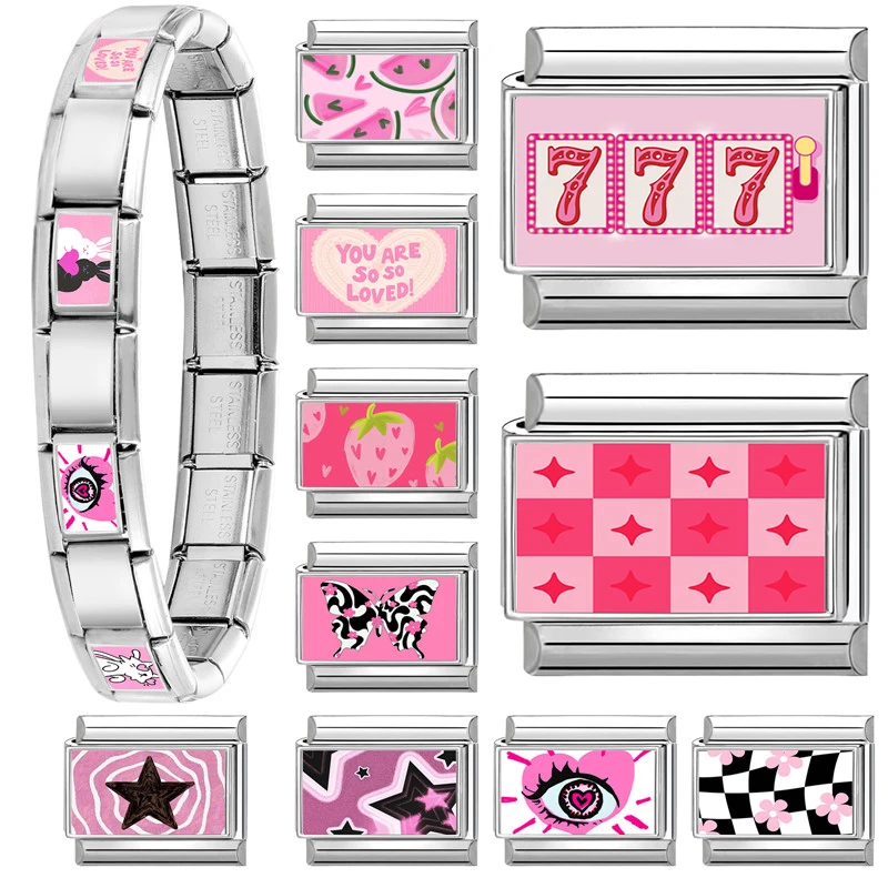 Série rosa olhos gato coelho leopardo coração italiano charme links caber 9mm pulseira de aço inoxidável meninas diy fazendo jóias