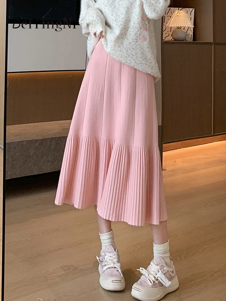 

Beiyingni Korean Casual High Waist Pleated Skirts for Women Plain Autumn Winter 2024 Fashion Midi Skirt Ladies Elegant Faldas