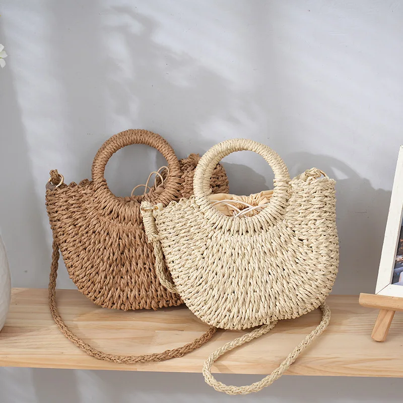 

Straw Woven Handbags For Ladies Handmade Travel Seaside Beach Bag Summer New Handle Bucket Bag Shopping Tote Bags Basket