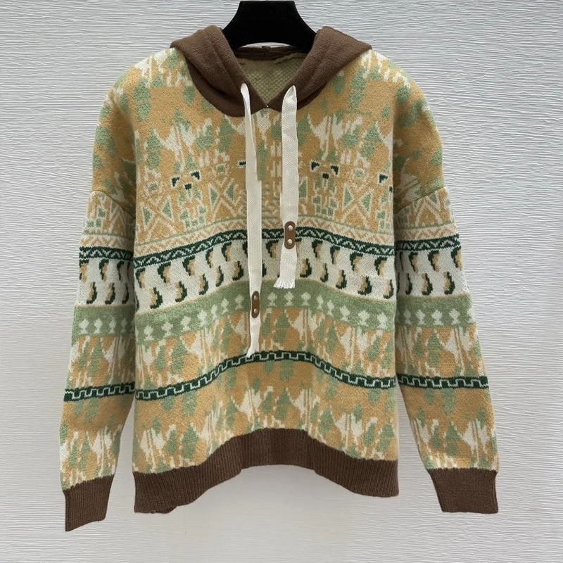 

High-quality Korean-style multi-color retro jacquard women's ethnic-style hooded sweater autumn/winter pullover 251028123