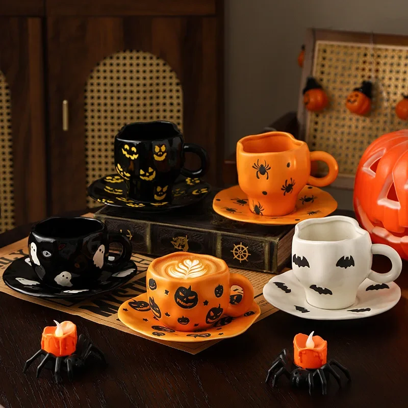 Creative Halloween Ceramic Mug Disc Set Household Kitchen Coffee Cup Plates Pumpkin Bat Milk Oat Breakfast Cup Set Festival Gift