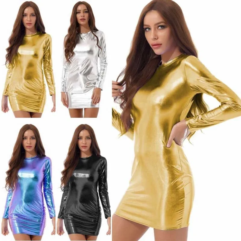 

Reflective Holographic Mini Bodycon Dress For Women Summer Turtleneck Long Sleeve Sexy Metallic Club Dress Rave Outfits