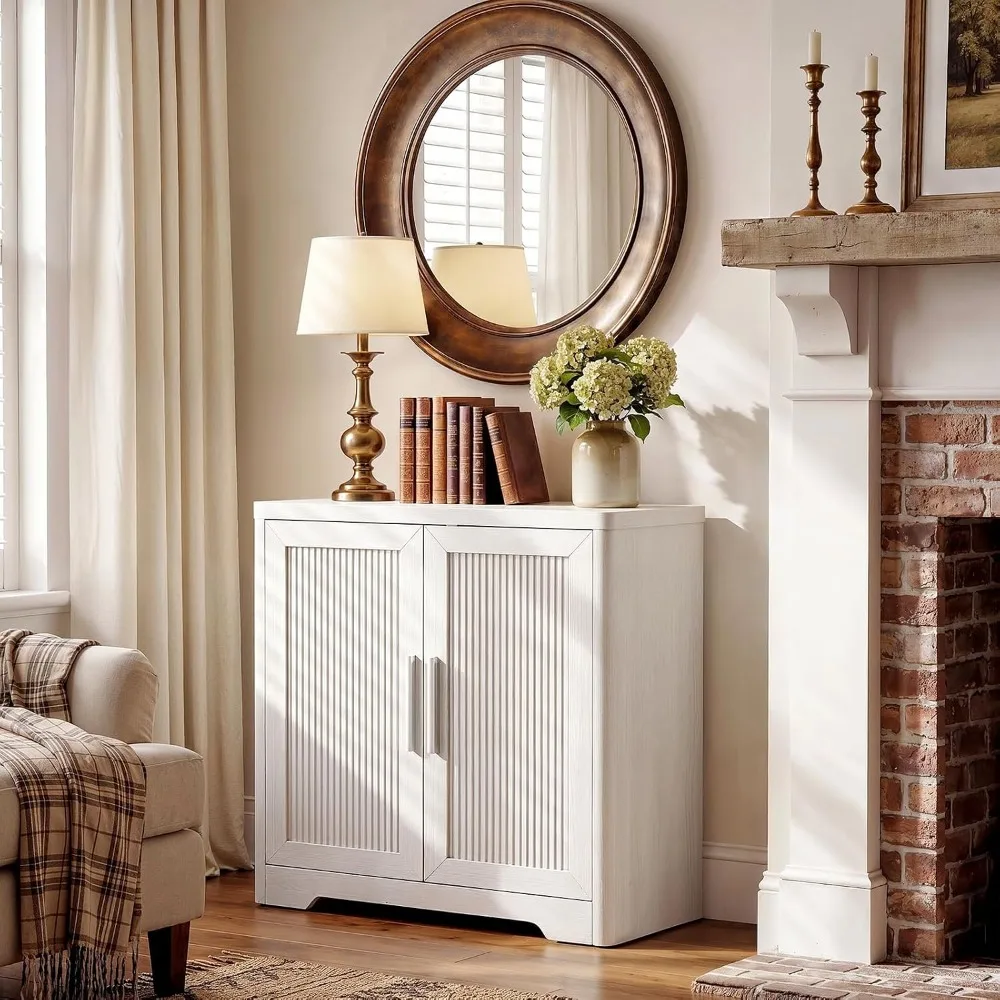 Sideboard Buffet Cabinet， Reeded Credenza， Whitewashed Oak，