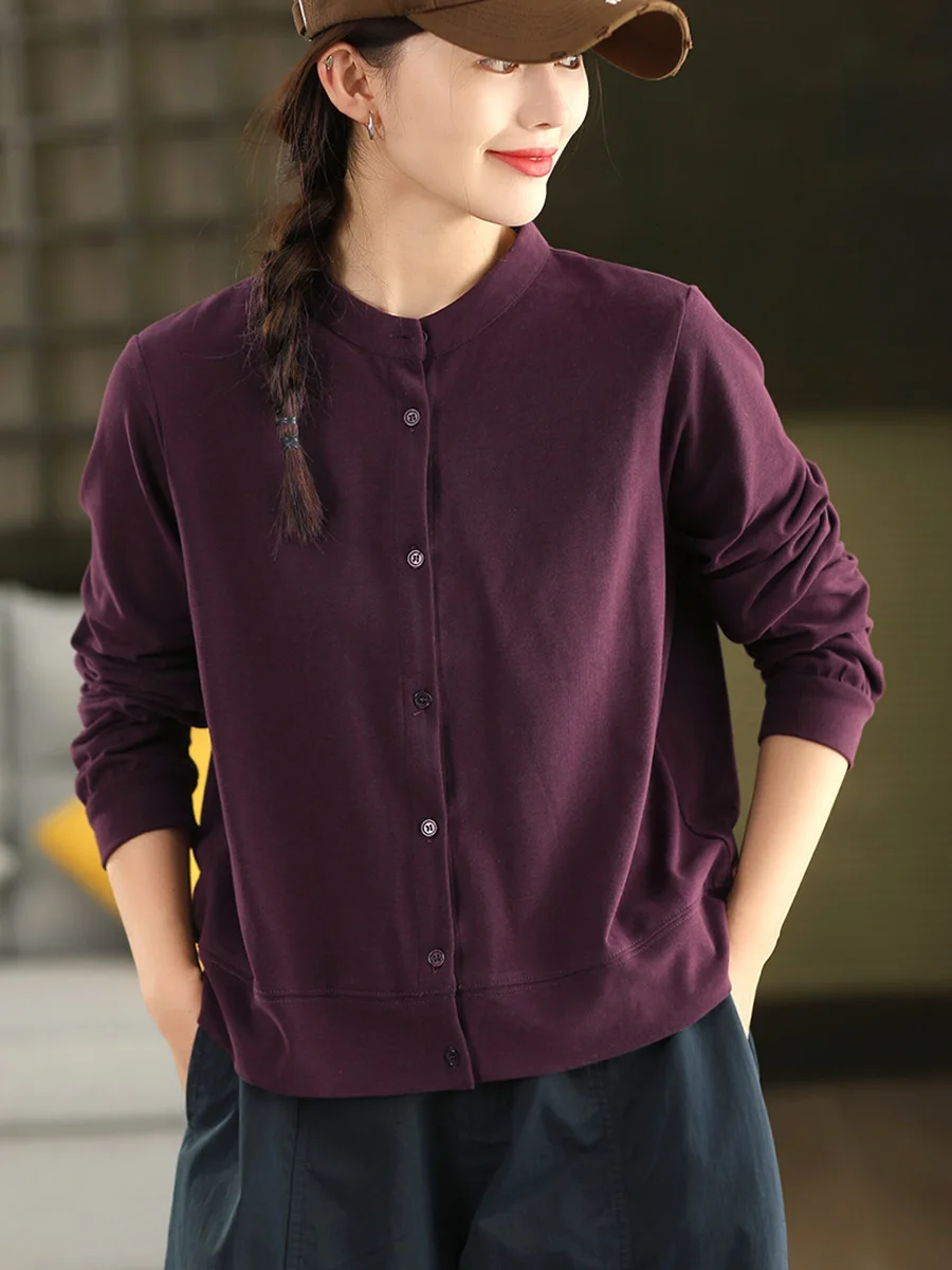 

Ретро-рубашка из чистого хлопка с длинным рукавом, женская, с воротником-стойкой, на пуговицах, приятная к коже, дышащая, свободного кроя, осенняя мода