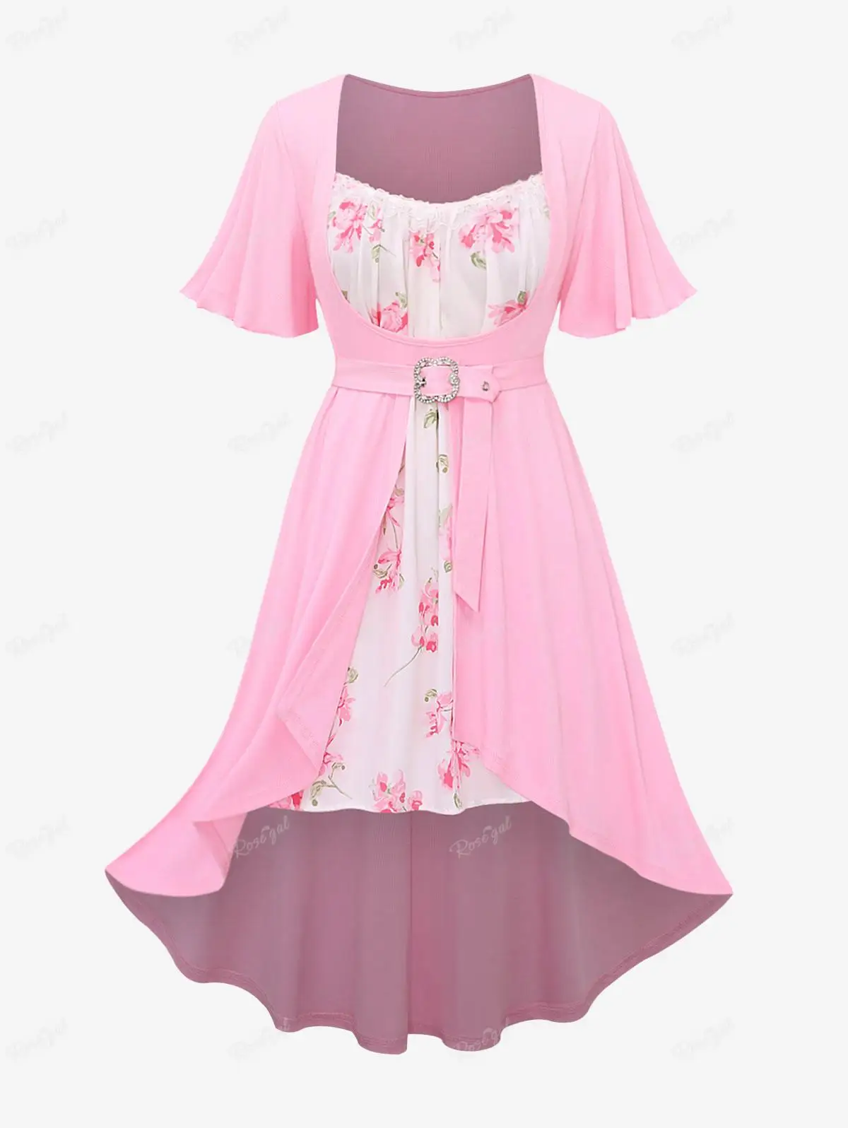 ROSEGAL-Plus Size Dress for Women, Lace Trim, Ruched Floral Print, Flower Buckle, Flutter Sleeve High Low Light Pink Dresses