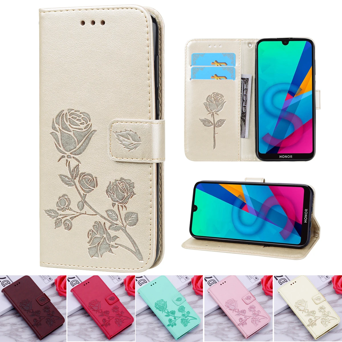 

For Huawei Y5 2019 Rose Leather Phone Case for Huawei Y5 II Y5 2017 Y5 Prime 2018 Flip Shell Wallet Cover Y5 2018