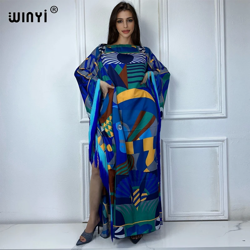 WINYI-فستان طويل مع شرابة ، طباعة بوهو مثيرة ، تغطية الشاطئ ، أزياء أفريقيا ، قفطان ، حفلة عطلة ، أزياء شوكة عالية ، الصيف