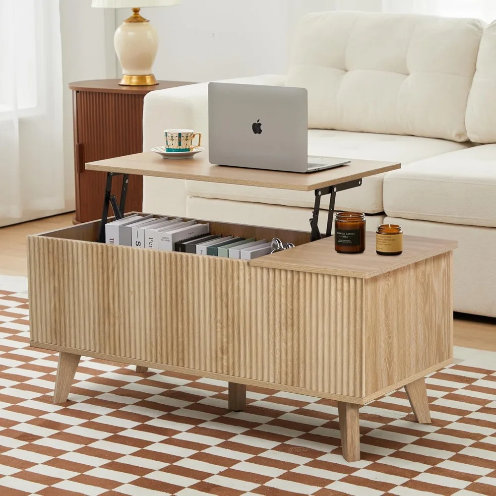 

Wooden Fluted Lift Top Coffee Table with Hidden Compartment, Modern Rectangle Center Tables with Adjustable Storage Shelf