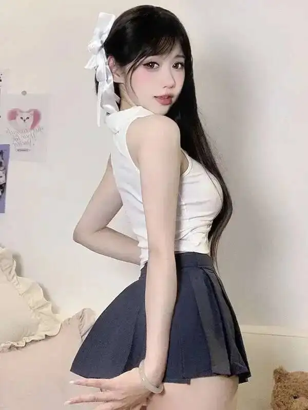 Sexy Studentenuniform, süßes süßes Kleid, blaue Krawatte, ärmellos, charmant, elegant, schön, verlockend, kurzes Kleid für kleine Mädchen, MQWA