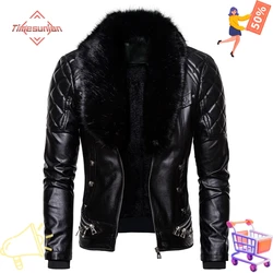 Men's Motorcycle Leather Jacket Vintage Rivet Design Red Military Flight Coat Winter Fleece Faux Leather Bomber Punk Style