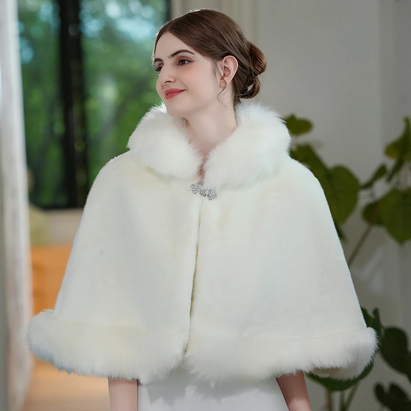 White Wedding Wrap Bridal Shawls Stole Faux Fur Capes  Party Shrug Winter Cloak  Accessories Elegant Queen For Women