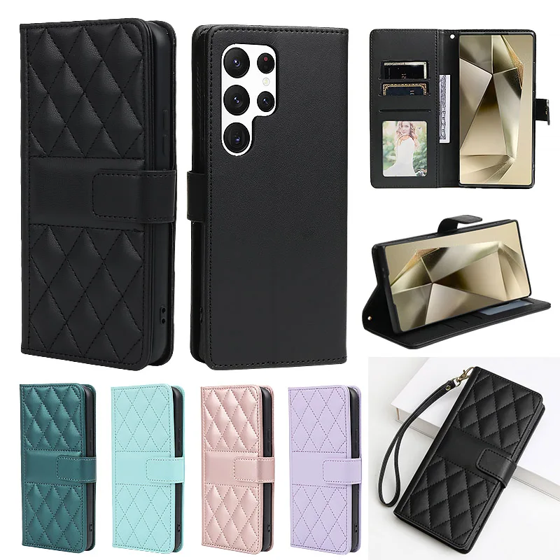 Checkered Wallet Magnetic Flip With Card Slot Photo Frame Leather Case For Samsung Galaxy S24 Ultra S23 S22 S21 S20 FE S10 Plus