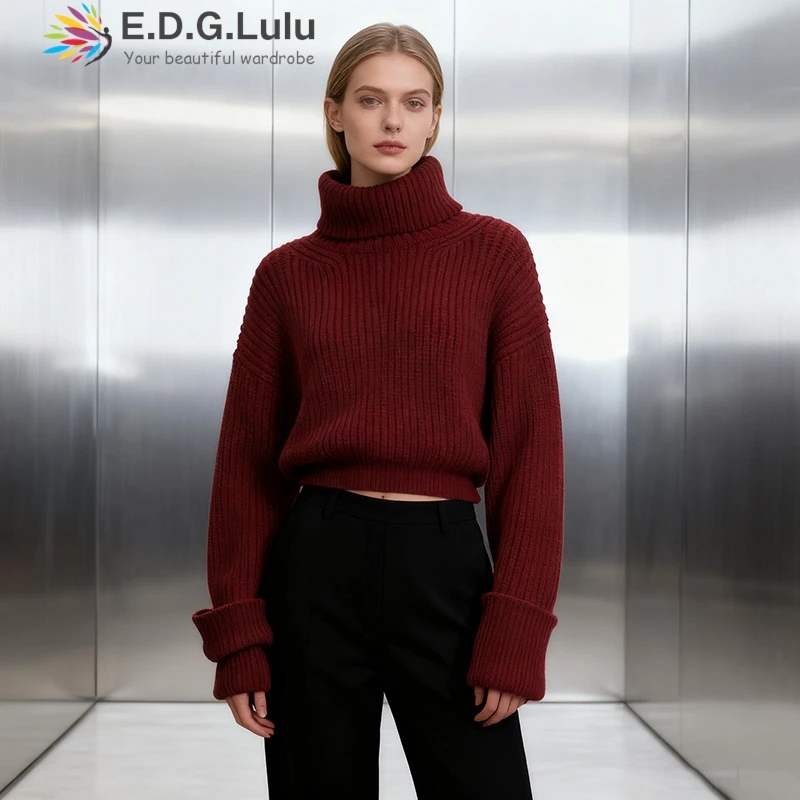 

EDGLuLu 2025 Осень Новое поступление Уютный короткий вязаный свитер с высоким воротом и длинными рукавами Slim Fit пуловер Вязаный свитер Топ для женщин 1031