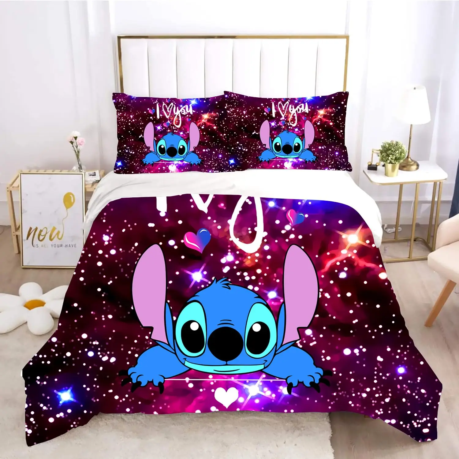 Stitch Duvet Cover com fronhas, Anime bonito, conjuntos de cama de desenhos animados, presentes para meninas, meninos, crianças, adultos, rainha, rei, tamanho completo