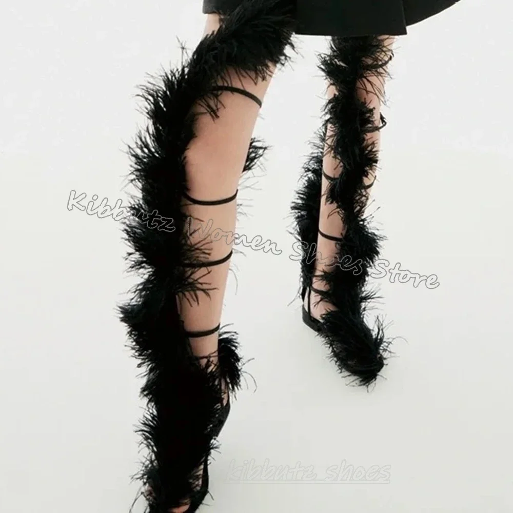 Furry Belt Buckle Sandal Fashion Runway Show Elegant Sexy Party Wedding Summer Shoes New Leather Round Toe Thin Heel Solid Color view 5