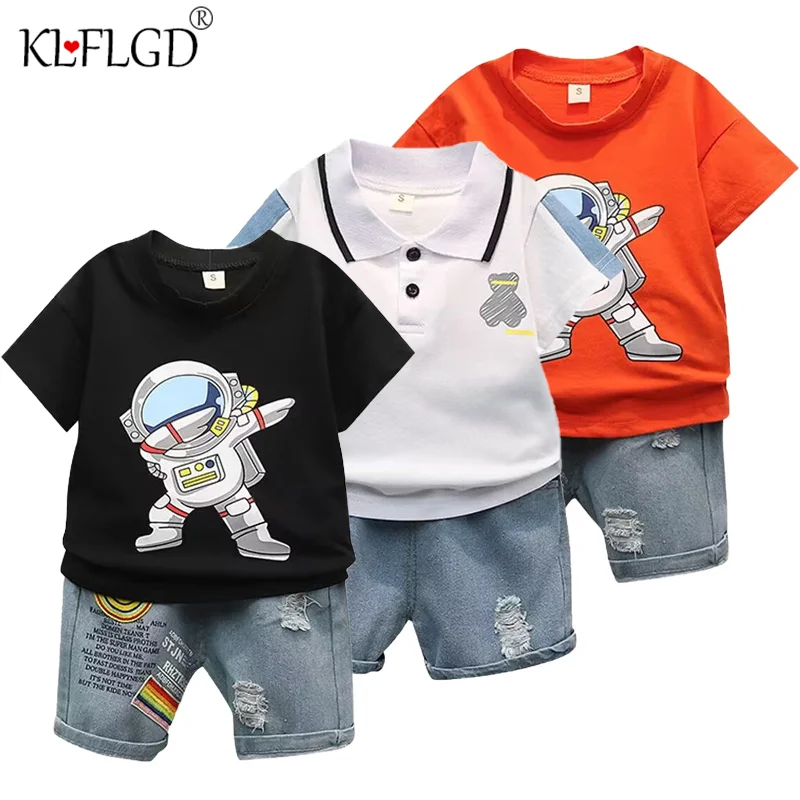 Set pakaian bayi umur 1-5 tahun, kaus leher bulat motif kartun, jeans olahraga kasual lengan pendek musim panas 2024