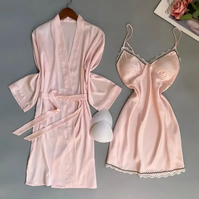 

New 2PCS Kimono Bathrobe Gown Set Sexy Lace Nightdress Sleepwear Loungewear Women Silky Satin Robe Suit Summer Home Clothes