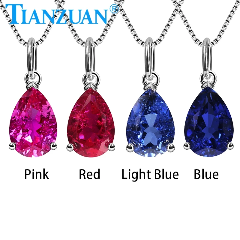 Fashion 7x10mm Pear Shape Pendant Lab Grown Ruby and Sapphire Pendant 925 Sterling Silver Necklace Jewelry for Women Gifts