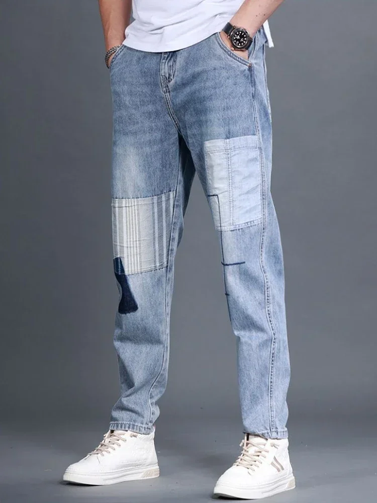 Mannelijke Cowboybroek Casual Broek Baggy Lichtblauwe Jeans Voor Mannen Cropped Gesplitst Lente Herfst Groot Formaat Hoge Kwaliteit Origineel