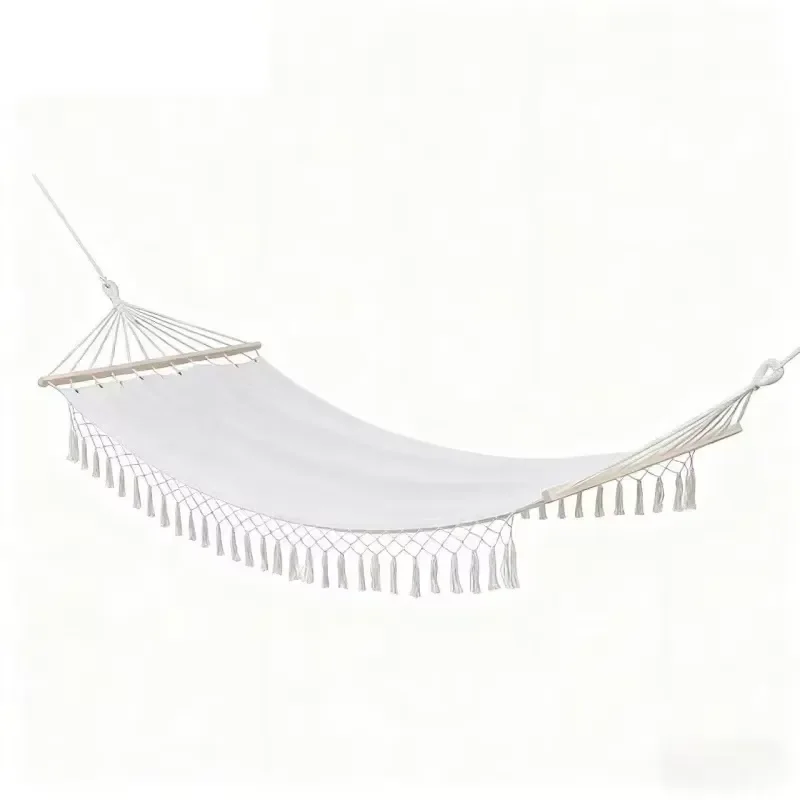 Lightweight Canvas Hammock with Wooden Poles Fringed Design for Outdoor Camping Terrace Balcony Courtyard Relaxation Durable