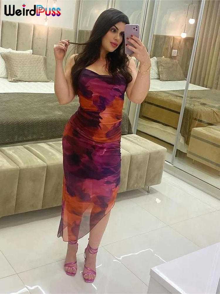 Weird Puss Print Strapless Women Dress Folds Off Shoulder Sheath Side Split Irregular Sexy Bodycon Summer Vacation Partywear