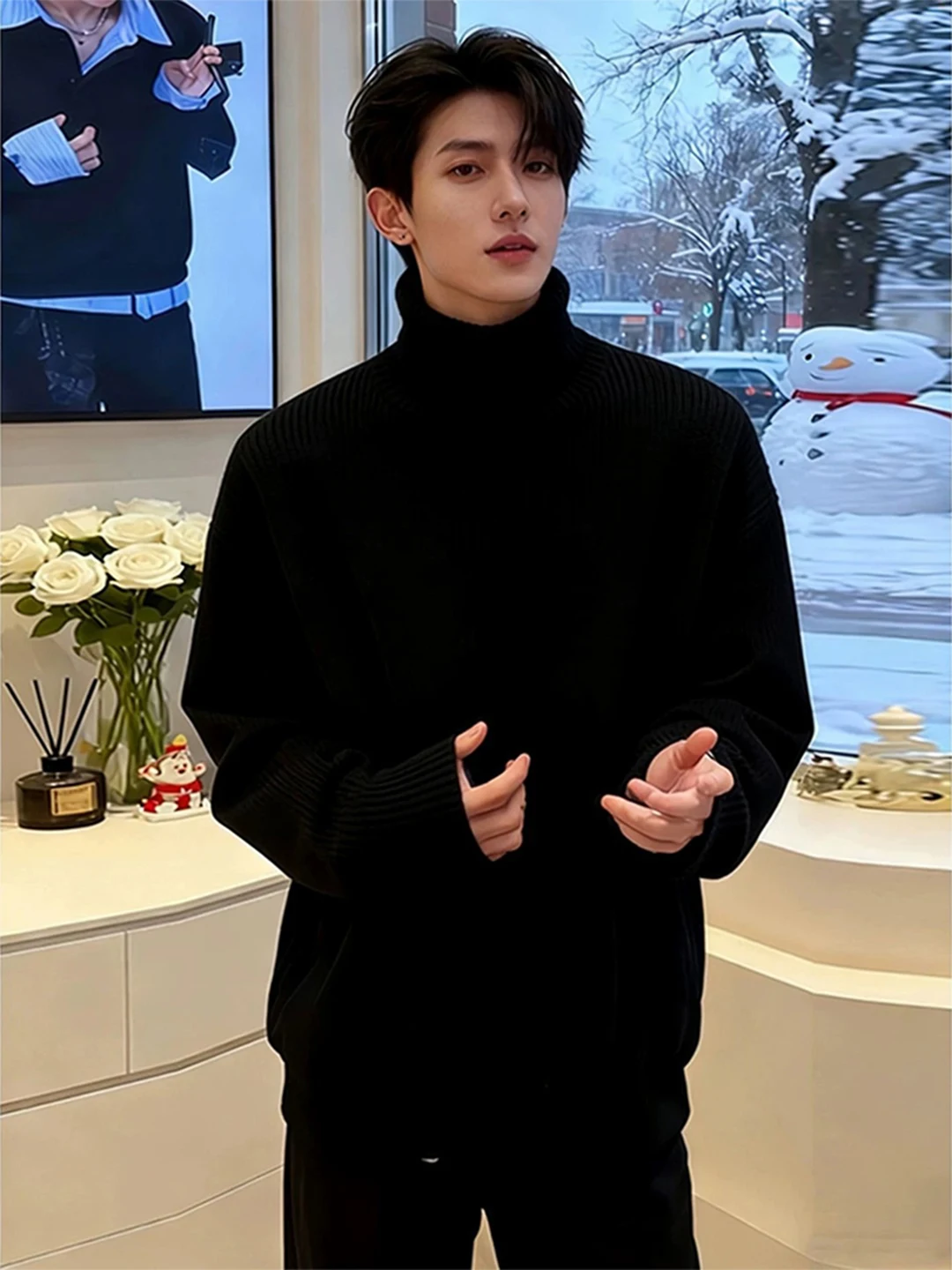 

Korean High Collar Men's Knitwear Winter Lazy Loose Fce Thiened Knitted Sweater Sli Casual Loose Fit Long Sve Top