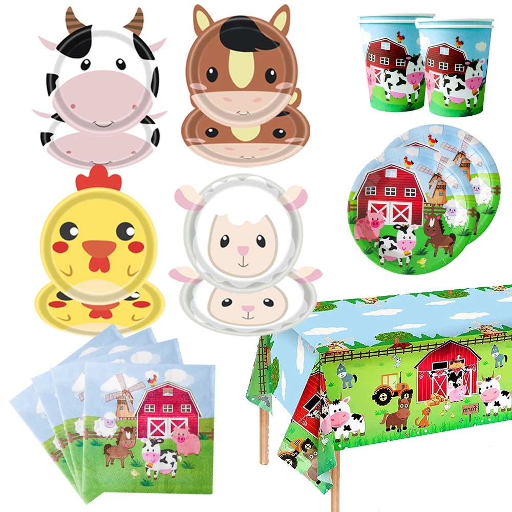 Farm Animals Party Supplies Tableware Chick Sheep Horse Shaped Plate Farm House Cup Napkin Tablecloth Farm Birthday Party Decors