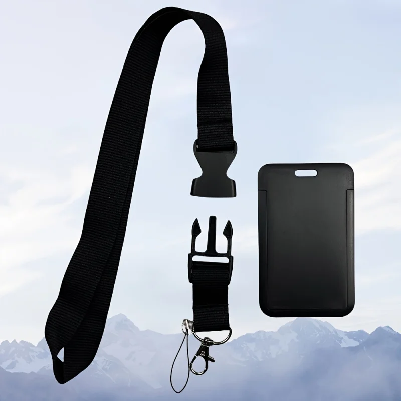 Black Neck Lanyard Badge Holder Set with Detachable Strap and Card Slot - Durable Polyester, Easy Access Design for IDs & Cards