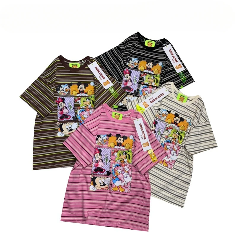 2024 Summer New Korean Style Y2k Tees Youthful-Looking Cartoon Diamond Printed Striped Round Neck Short Sleeve T-shirt