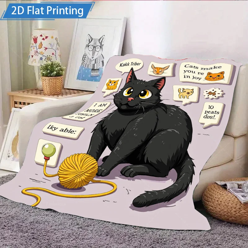 ผ้าห่มสักหลาด 1 ชิ้นแมวดำน่ารักพร้อมผ้าห่มขนแกะเส้นด้าย - คำคมแมวแสนสนุกและการออกแบบที่สนุกสนาน