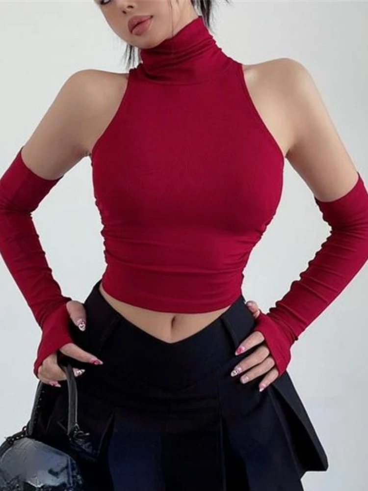

Summer Sexy Elastic Off Shoulder T-shirt Women Vintage Solid Turtleneck Tops Female Y2k Streetwear Retro Outing Slim Clothing