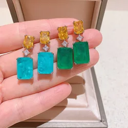Vintage Emerald Earrings Square Color Zircon 925 Stamps Fashion Paraiba Stud Earrings Women's Party Birthday Jewelry Gifts