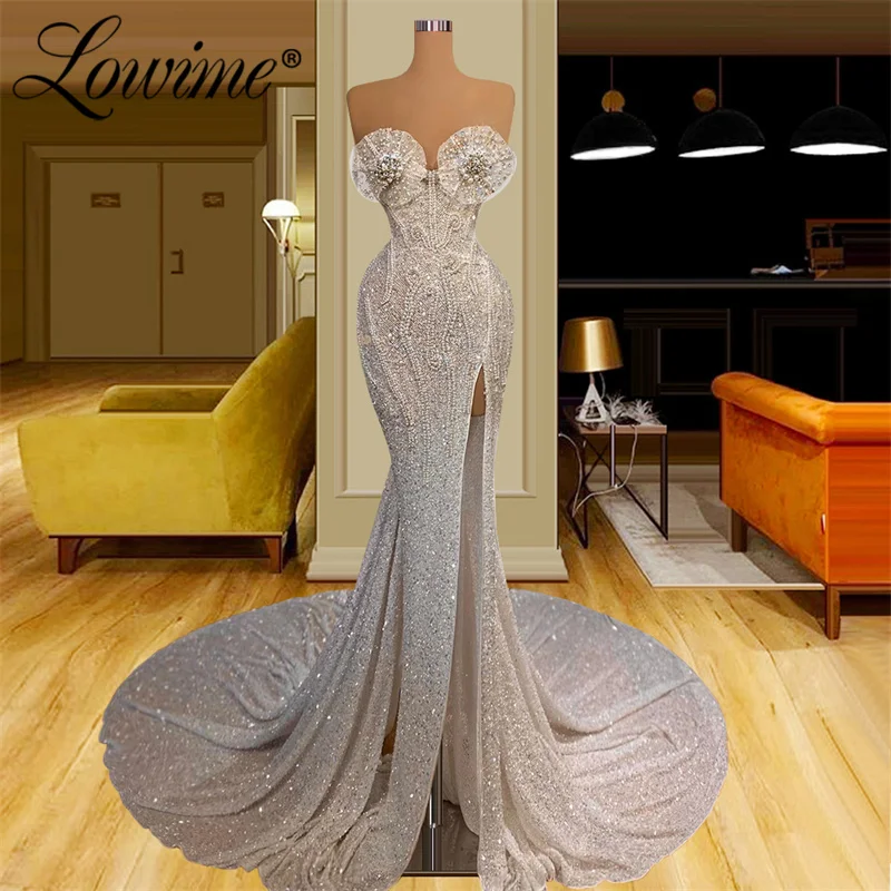 Lowime longo frisado pérolas querida vestidos de festa 2023 couture com alta divisão lado sereia mais vestidos de noite das mulheres vestido de baile