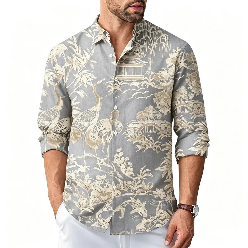 Men's collared shirt, landscape print, breathable shirt, loose and casual cardigan for summer vacation.