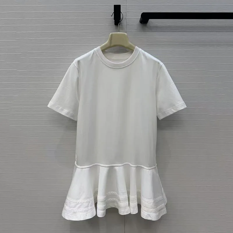 Women's ruffled-panel top, round-neck short-sleeve T-shirt, casual and versatile cotton pullover for work, 2026, new style, Y2K