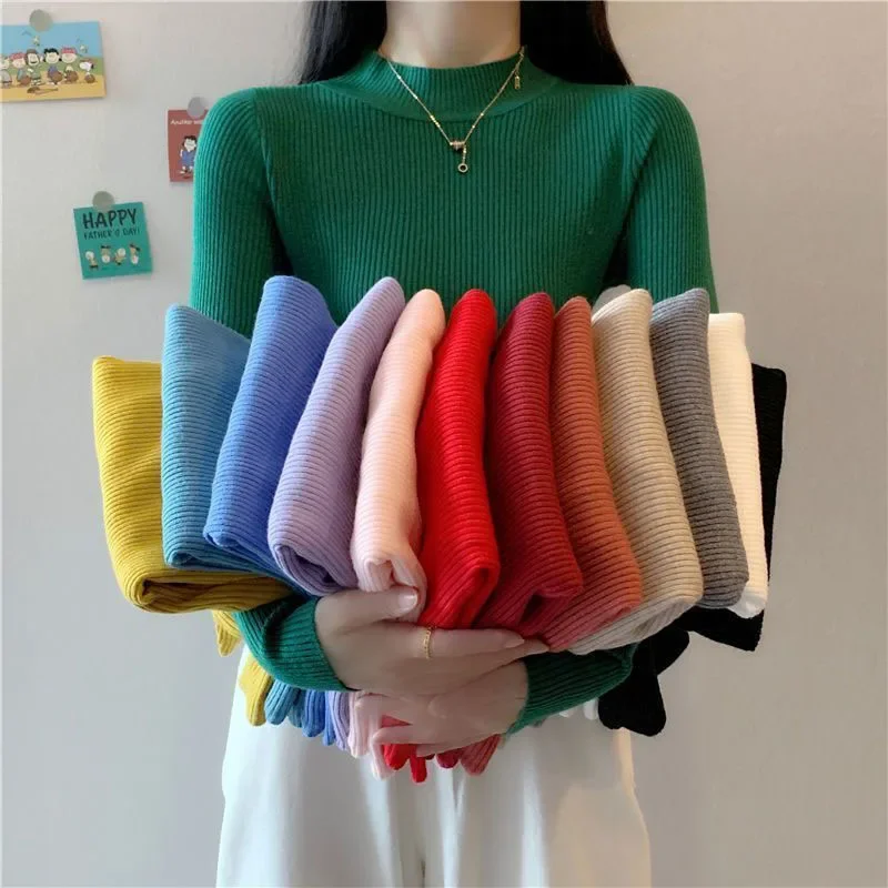

Новый свитер с высоким воротником, женские зимние базовые вязаные пуловеры, корейская мода, трикотаж с длинными рукавами, женские эластичные тонкие джемперы