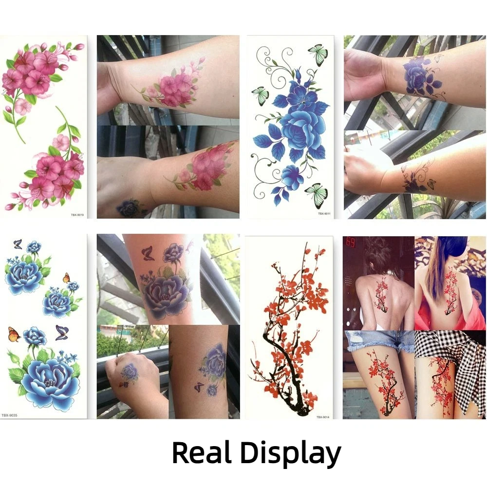 

Временные тату-наклейки с розами, бабочками и цветами, 3D-текстура, зеленые листья лотоса, водостойкие, долговечные