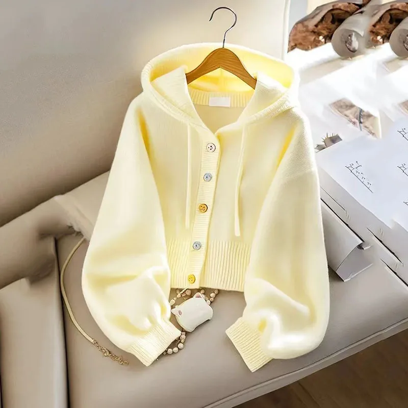 Autumn Winter Solid Knitted Cardigan Sweater Jacket Women New Korean Loose Ladies Single Breasted Hooded Sweater Coat Female Top