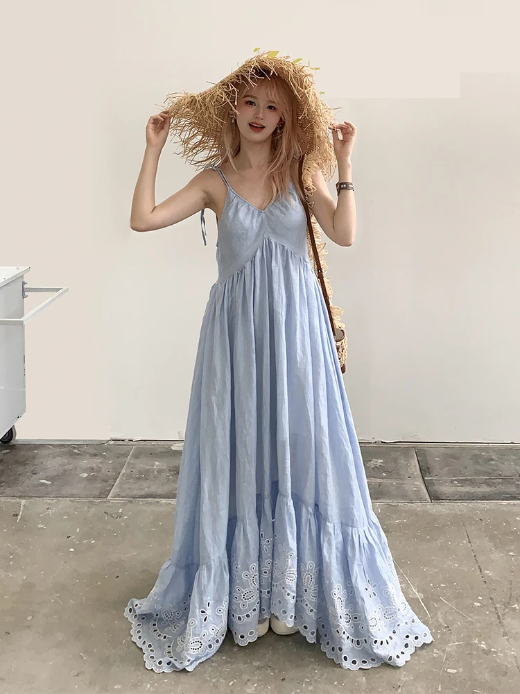 

Женское пляжное платье Vaion Sle Light Blue Plaid Ne, с длинным рукавом, на бретельках, в стиле A-line, с V-образным вырезом...