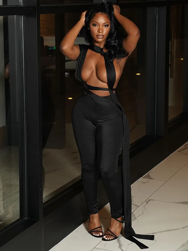 カジュアルなロープで結ぶアンクルジャンプスーツ、レジャーワンピース、吊り下げロープデザイン、レディースファッション、秋、PU素材パンツ