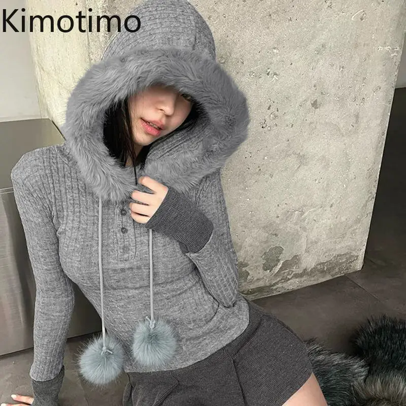 

Kimotimo Faux Fur Splicing Hooded Sweater Women Autumn Winter Slim Fit Waist Base Pullover Vintage Y2k Aesthetic Knitted Tops