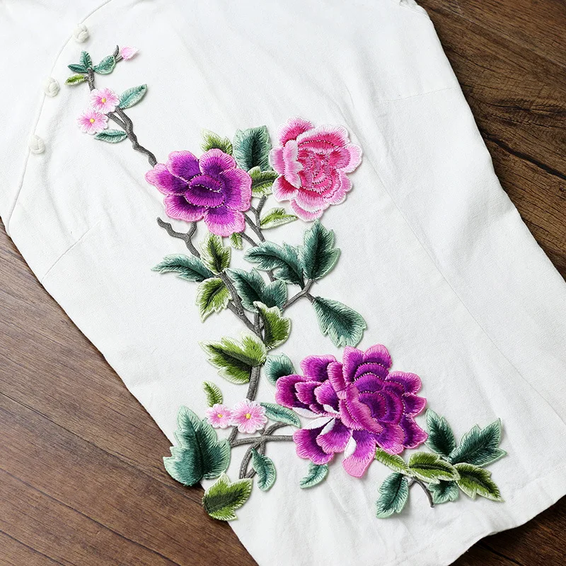 1PC 14-color Silk Thread Peony Flower Cloth Sew on Patch Symmetrical Embroidery Patch DIY Clothing Decoration Patch Ethnic Style