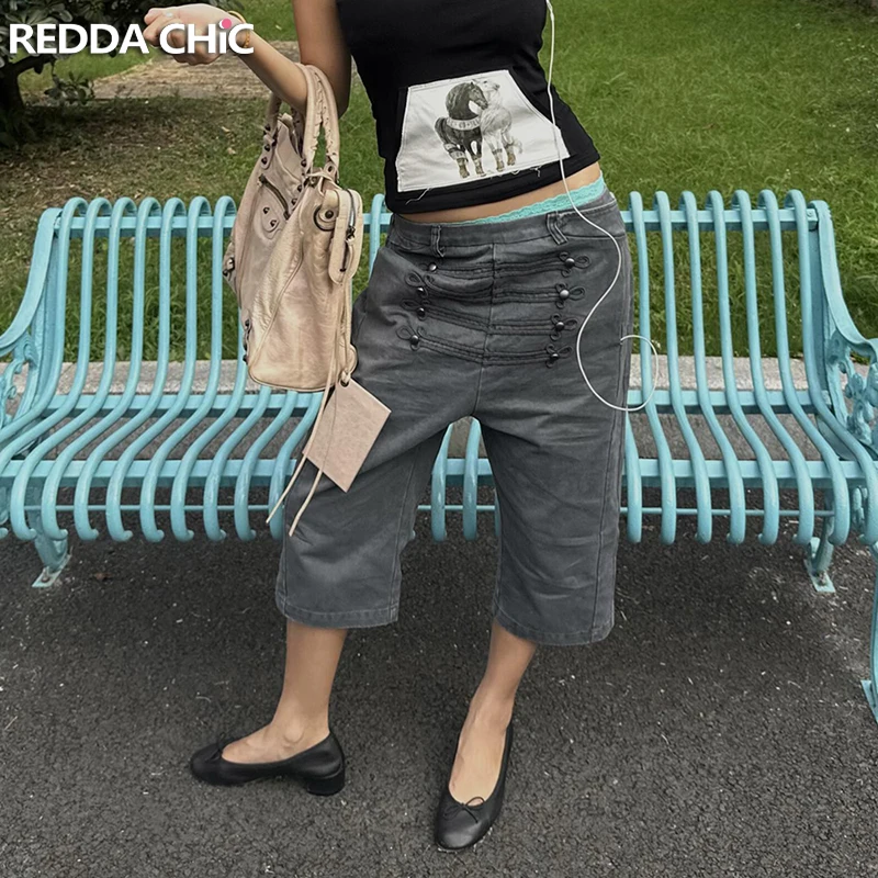 ReddaChic Napoleon Jeans Jorts para Mujer, Gris Emo, Lavado Vintage, Cintura Baja, Pierna Ancha, Cargo, Bermuda, Shorts de Mezclilla, Estilo Grunge Streetwear