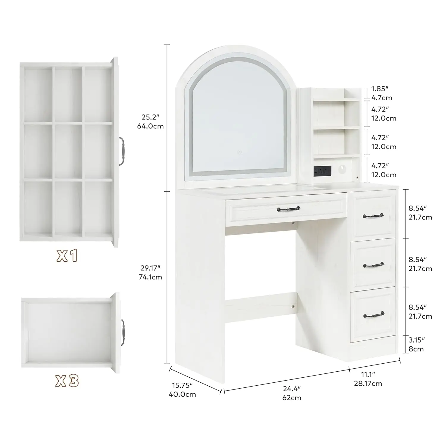 Modern Vanity Desk with Lighted Mirror, Glass Top, 4 Drawers & Power Outlet for Bedroom Bathroom, Customized