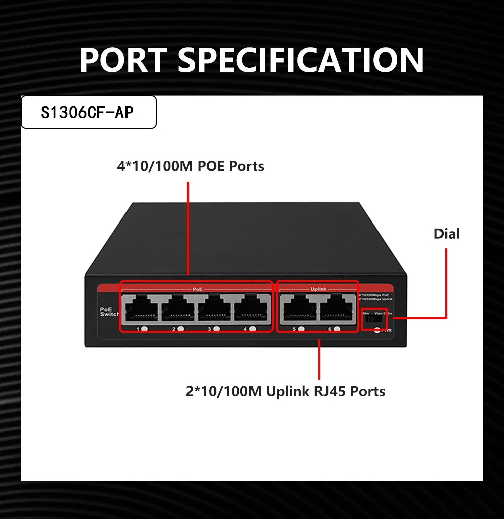 EWIND POE Switch 6 منافذ 10/100Mbps AI Smart Ethernet Switch مع 2 Uplink RJ45 Ports AI Smart Switch لكاميرا IP/نقطة وصول لاسلكية