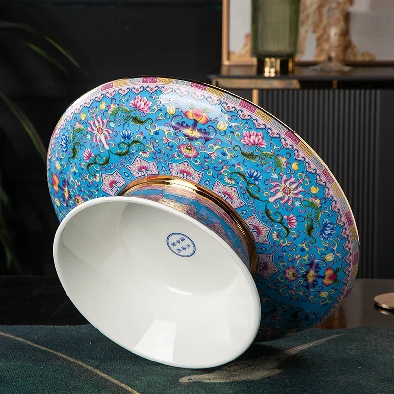 Household high-grade enamel ceramic large fruit plate Chinese high-footed plate Dried fruit coffee table for plate Dim sum plate