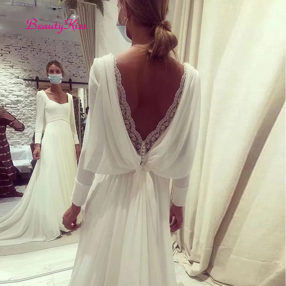 Exquisite Lace Appliques Wedding Dresses 2025 Backless Sleeves Buttons A Line Chiffon Bridal Gowns Vestidos De Novia