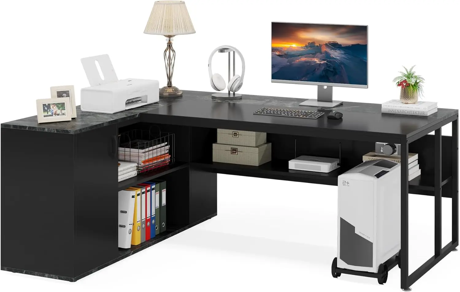 

LITTLE TREE 71-inch Executive Desk with File Cabinet, L-Shaped Computer Desk Office Desk with Drawers and Storage Shelves, Busi