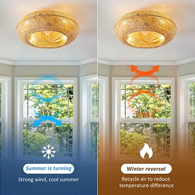 

Ceiling Fan with Led Lights Rattan Hand-woven Caged Ceiling Fan for Bedroom Kitchen Ceiling Fan with Light Remote Controller