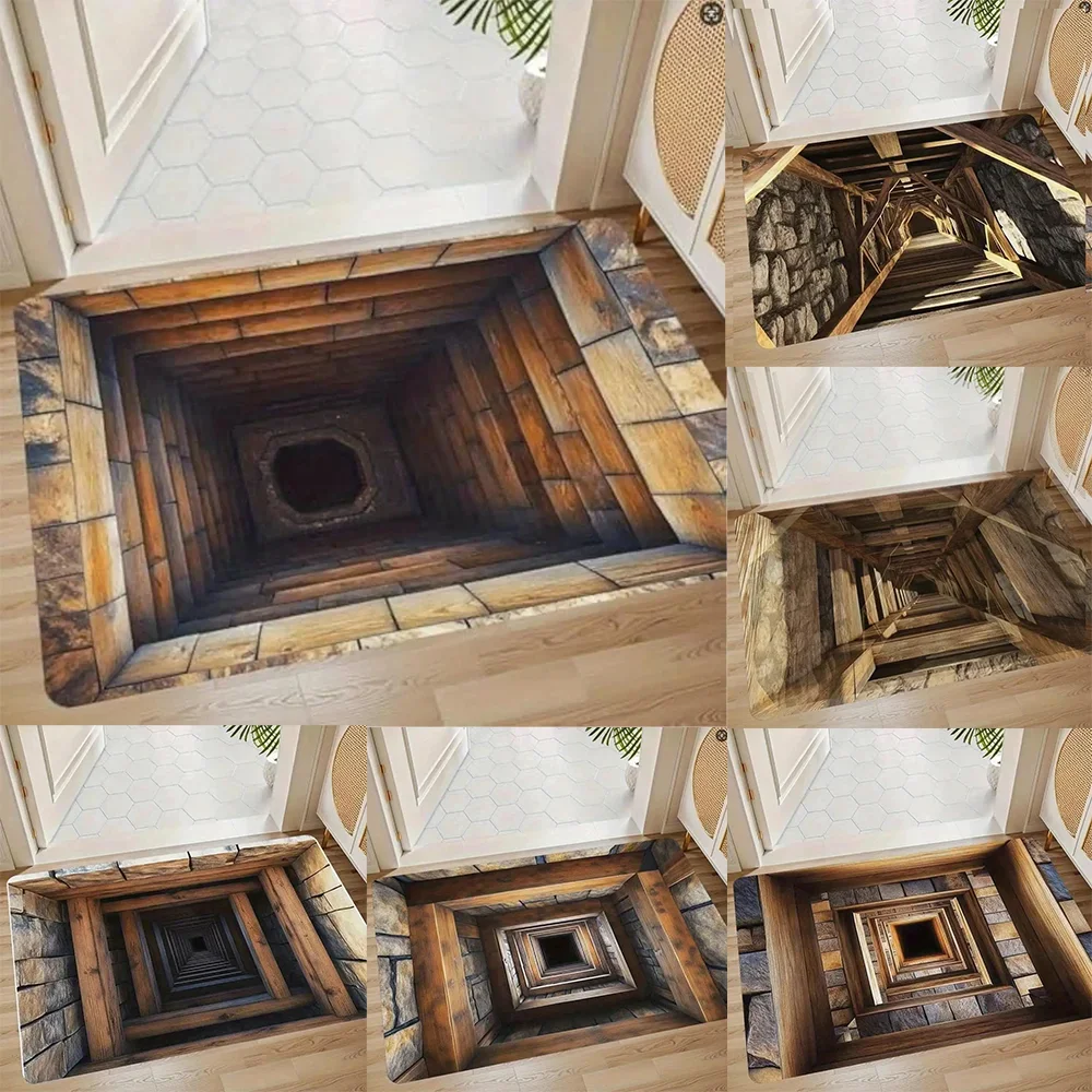3D Tunnel Illusion Printed Flannel Door Mat Optical Art Design Anti Slip Rug For Home Decor Gift Idea
